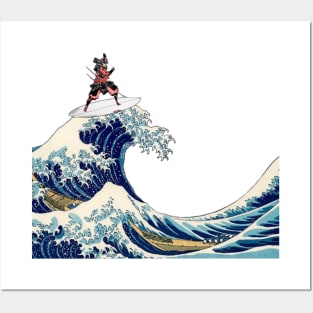 Samurai fight and ride the great wave Posters and Art